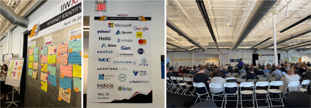 Various coloured pages on a wall, a wall of logos, and a view from the back of a room with many seated attendees.